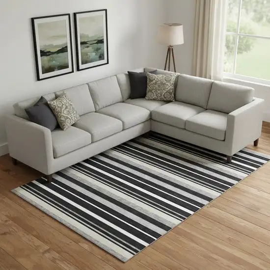 Black Ivory And Gray Striped Washable Area Rug With UV Protection Photo 1