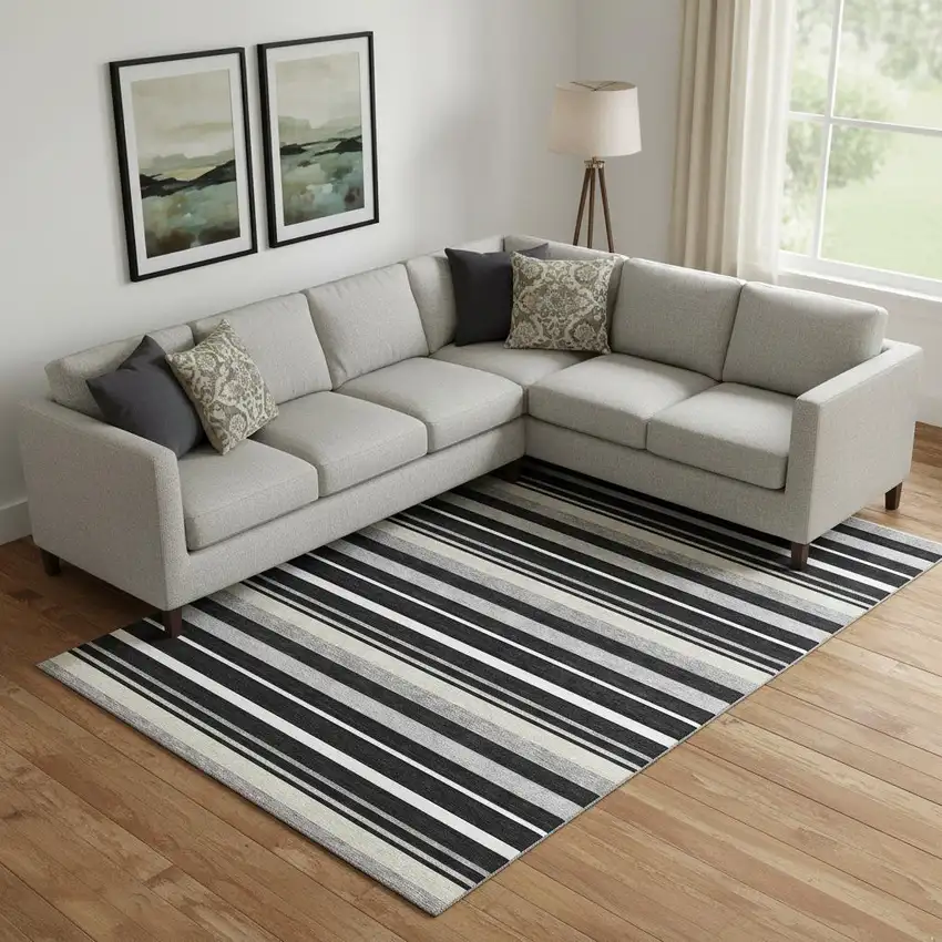 Black Ivory And Gray Striped Washable Area Rug With UV Protection Photo 1