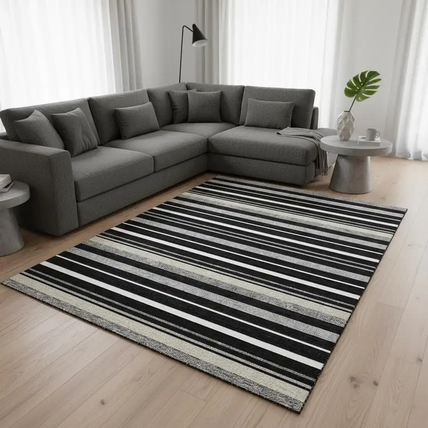 Black Ivory And Gray Striped Washable Area Rug With UV Protection Photo 2