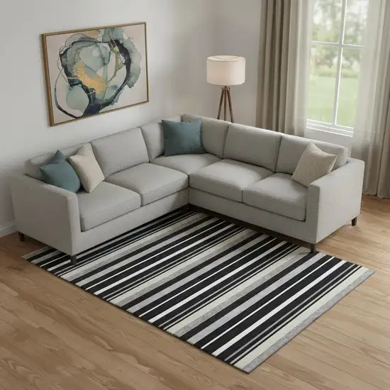 Black Ivory And Gray Striped Washable Area Rug With UV Protection Photo 1