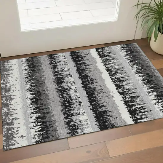 Black Ivory And Gray Striped Washable Area Rug With UV Protection Photo 1