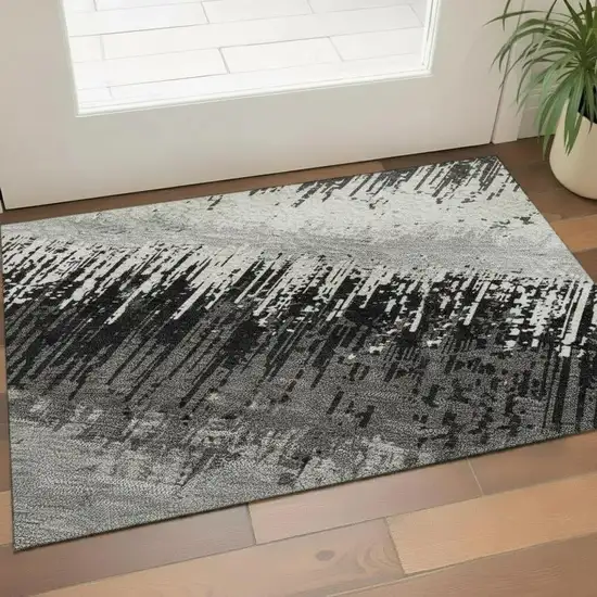 Black Ivory And Gray Striped Washable Area Rug With UV Protection Photo 2