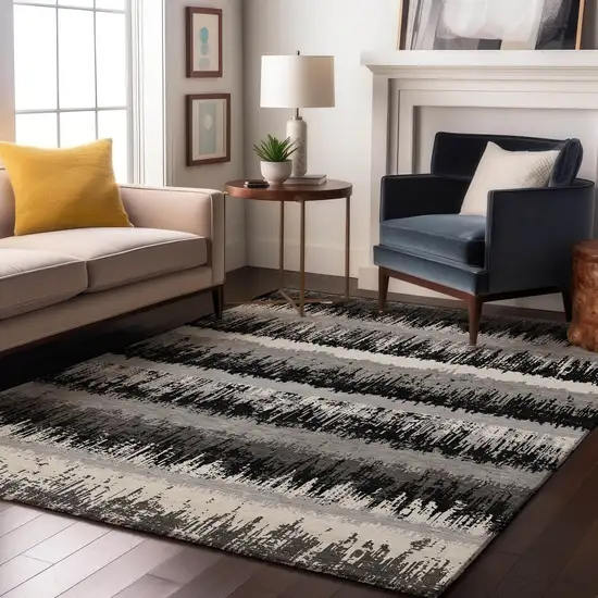 Black Ivory And Gray Striped Washable Area Rug With UV Protection Photo 3