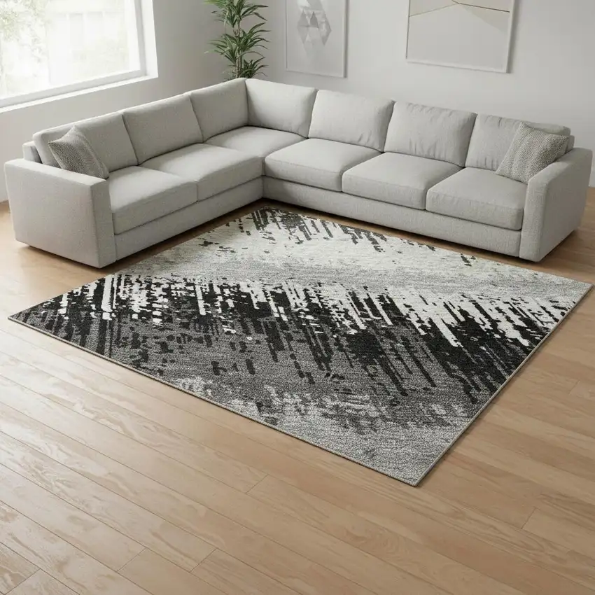 Black Ivory And Gray Striped Washable Area Rug With UV Protection Photo 2