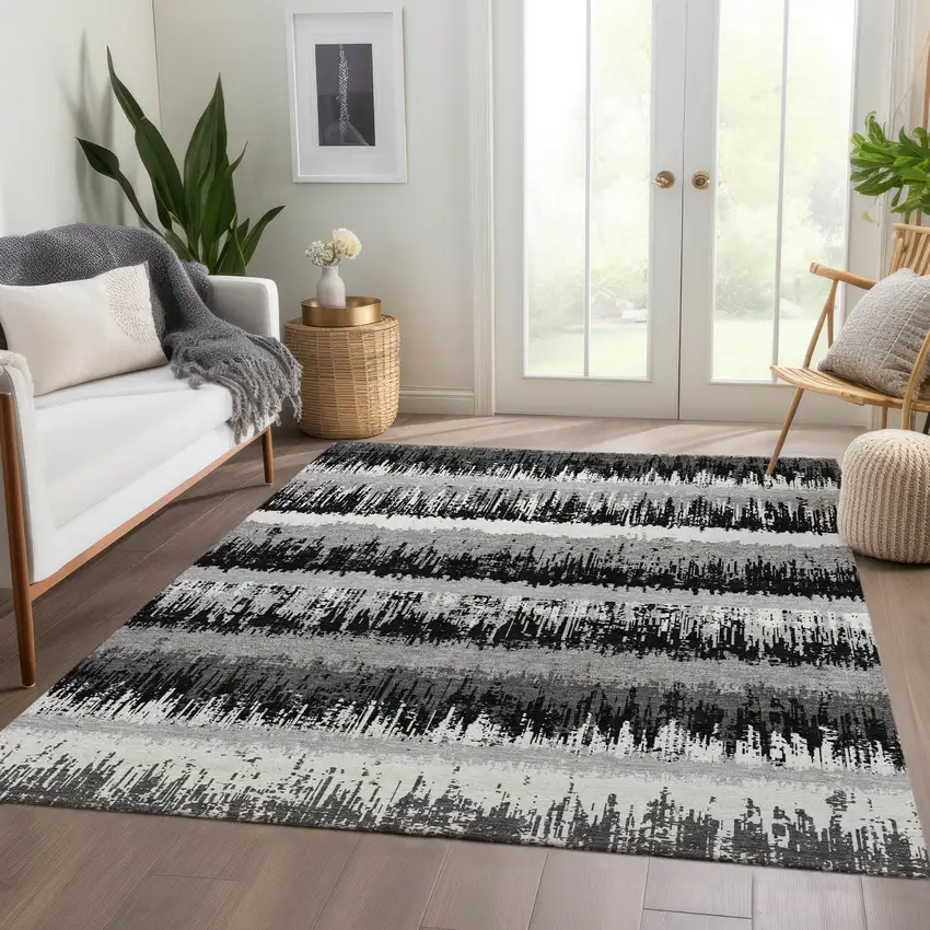 Black Ivory And Gray Striped Washable Area Rug With UV Protection Photo 3