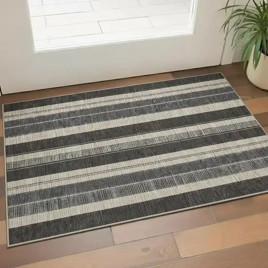 Black Ivory And Gray Striped Washable Area Rug With UV Protection Photo 2