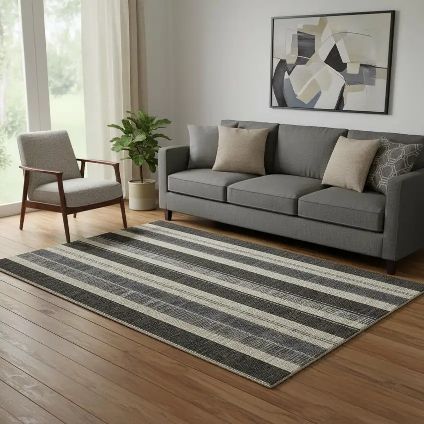 Black Ivory And Gray Striped Washable Area Rug With UV Protection Photo 2