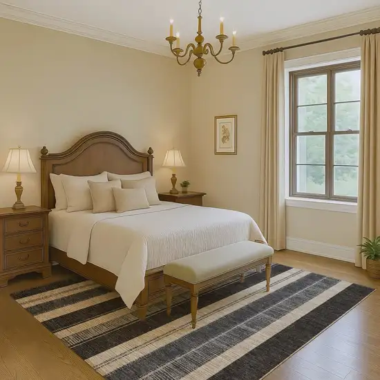 Black Ivory And Gray Striped Washable Area Rug With UV Protection Photo 6