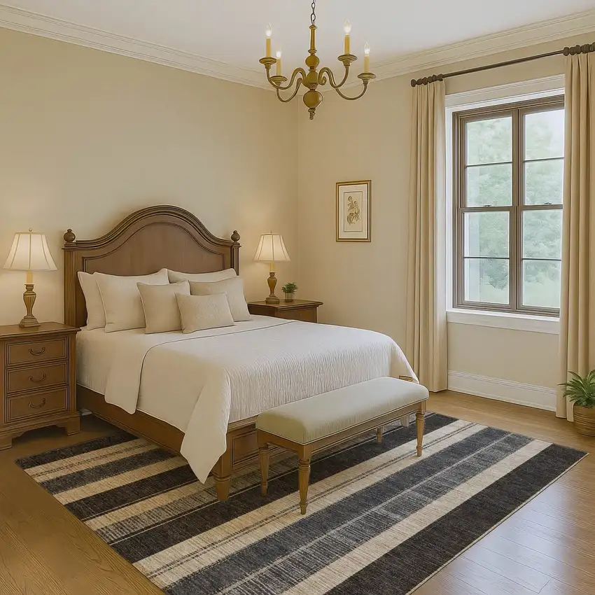 Black Ivory And Gray Striped Washable Area Rug With UV Protection Photo 6