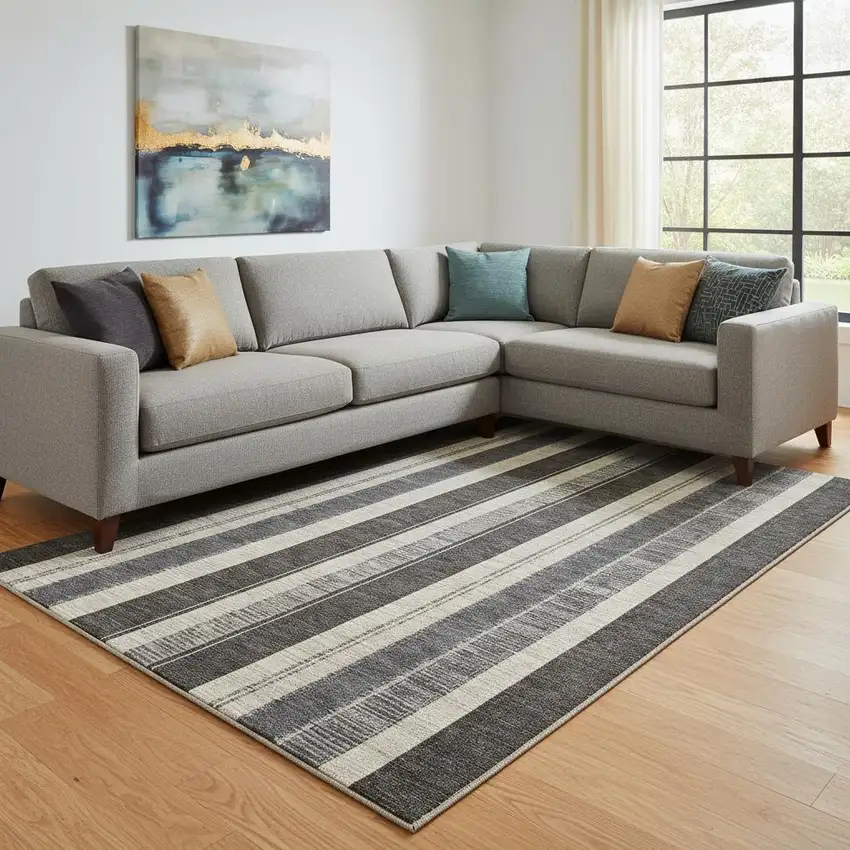 Black Ivory And Gray Striped Washable Area Rug With UV Protection Photo 2