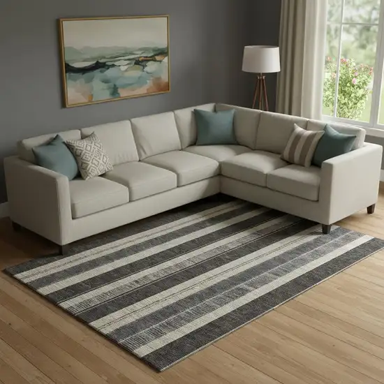 Black Ivory And Gray Striped Washable Area Rug With UV Protection Photo 2