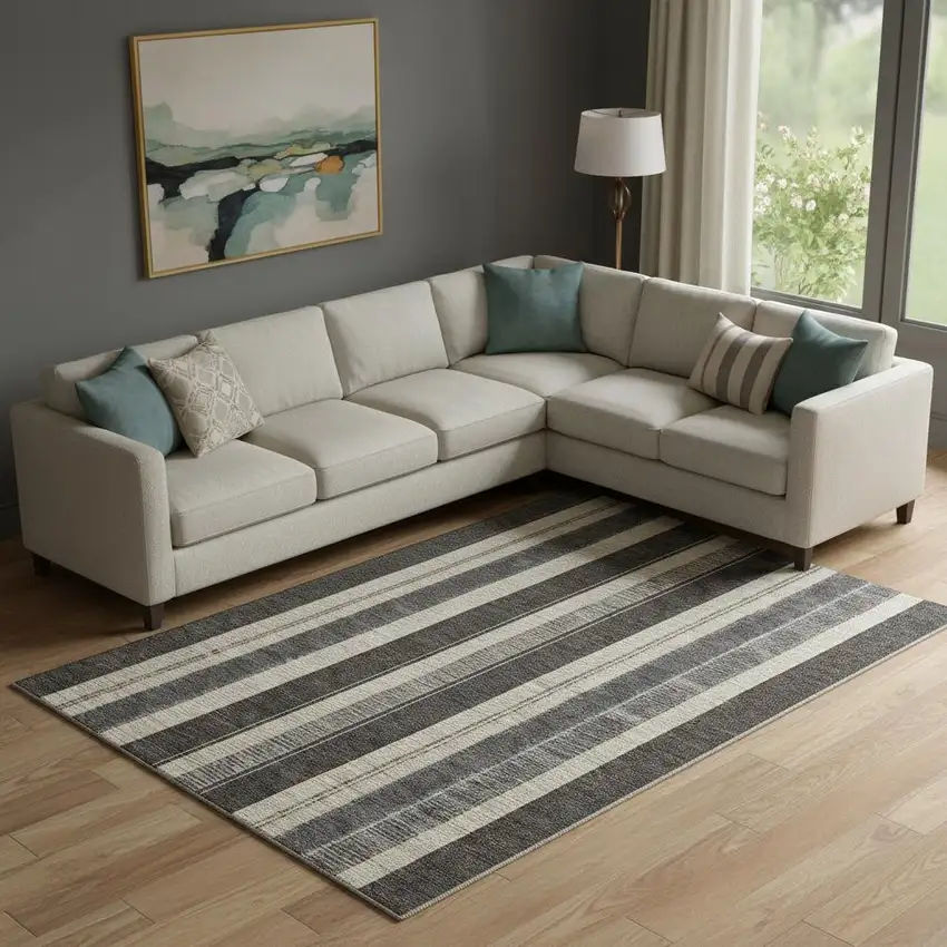 Black Ivory And Gray Striped Washable Area Rug With UV Protection Photo 2