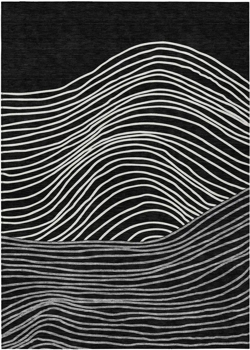 Black Ivory And Gray Striped Washable Indoor Outdoor Area Rug Photo 2