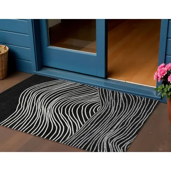 Black Ivory And Gray Striped Washable Indoor Outdoor Area Rug Photo 1