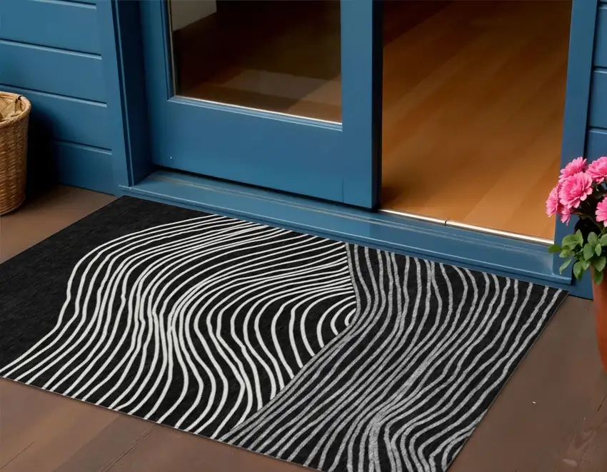 Black Ivory And Gray Striped Washable Indoor Outdoor Area Rug Photo 1