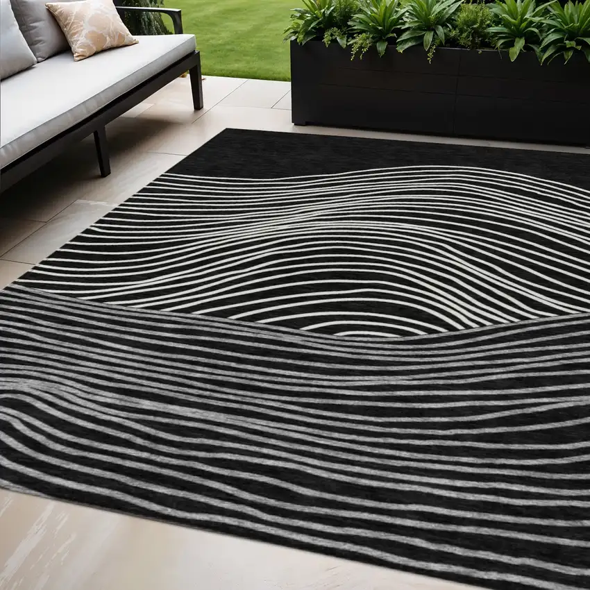 Black Ivory And Gray Striped Washable Indoor Outdoor Area Rug Photo 1