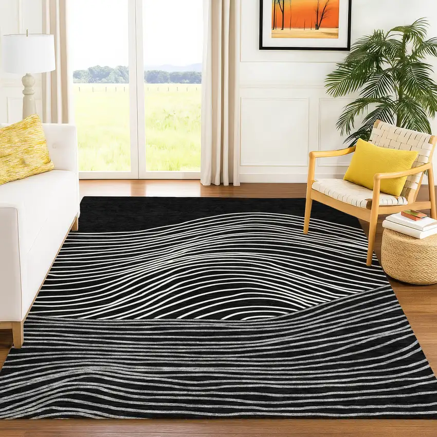 Black Ivory And Gray Striped Washable Indoor Outdoor Area Rug Photo 9