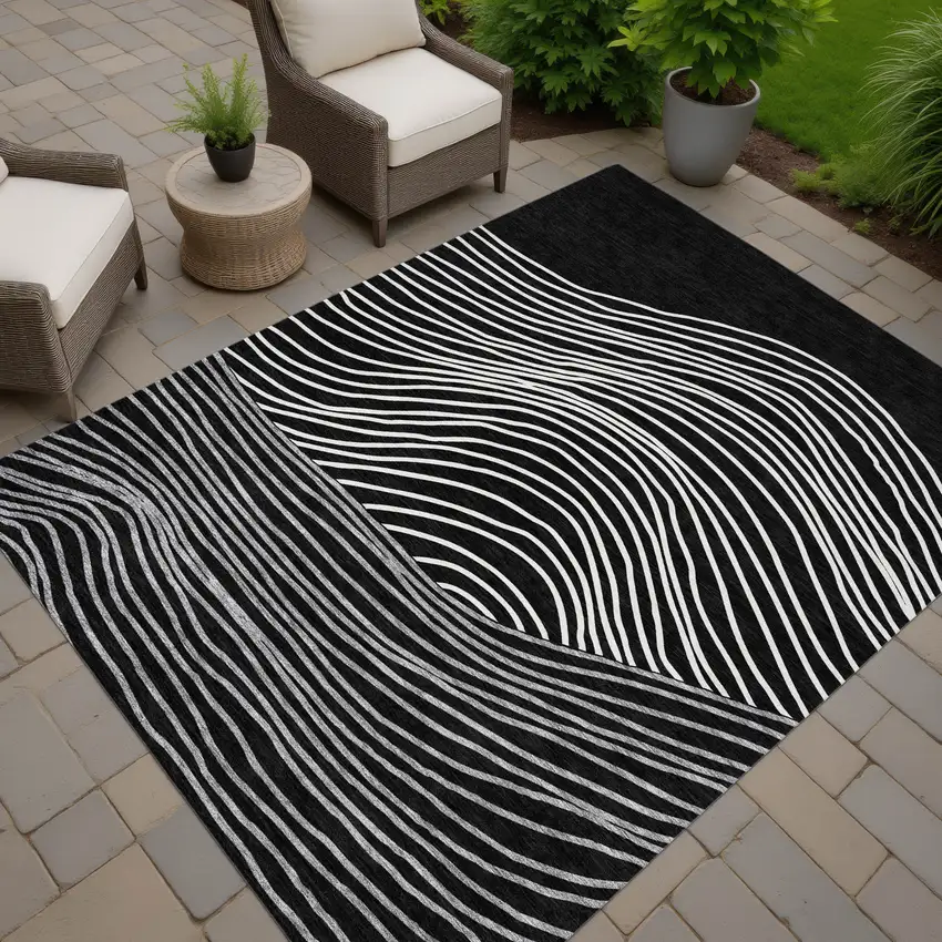 Black Ivory And Gray Striped Washable Indoor Outdoor Area Rug Photo 7