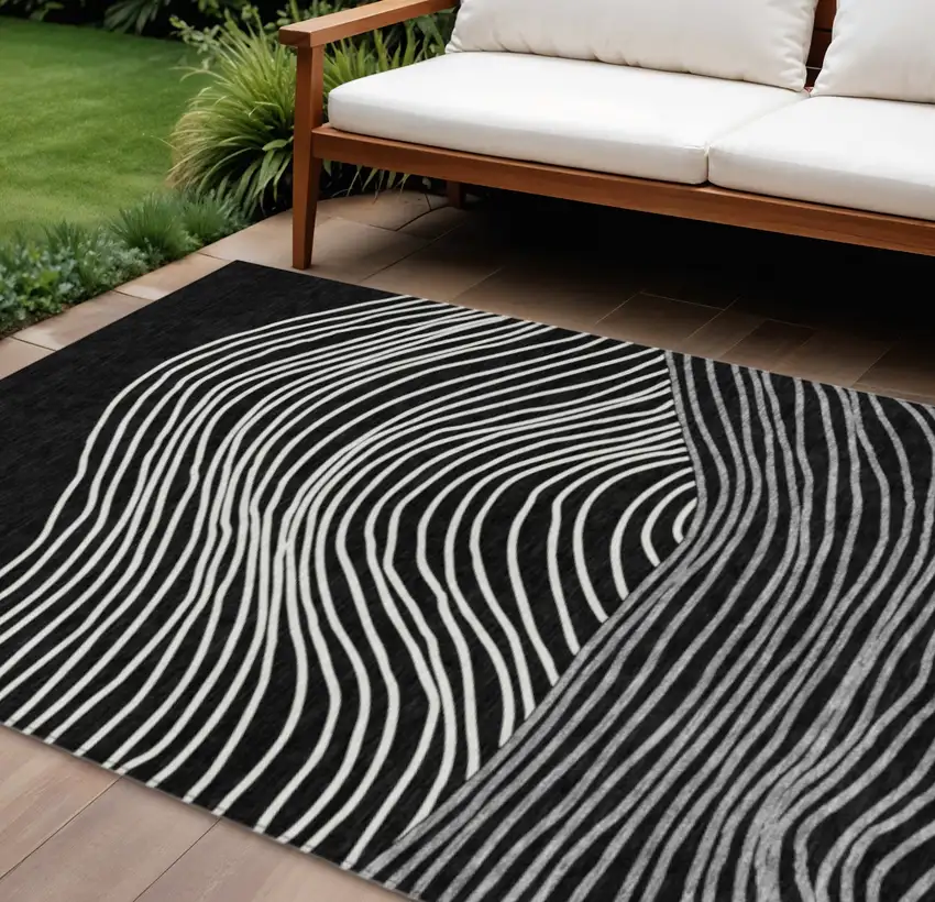 Black Ivory And Gray Striped Washable Indoor Outdoor Area Rug Photo 1