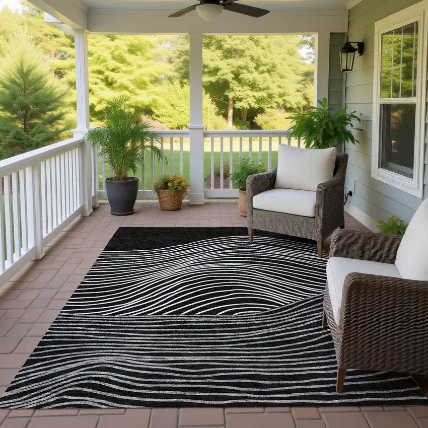 Black Ivory And Gray Striped Washable Indoor Outdoor Area Rug Photo 9