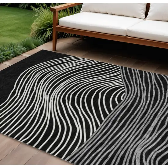 Black Ivory And Gray Striped Washable Indoor Outdoor Area Rug Photo 1