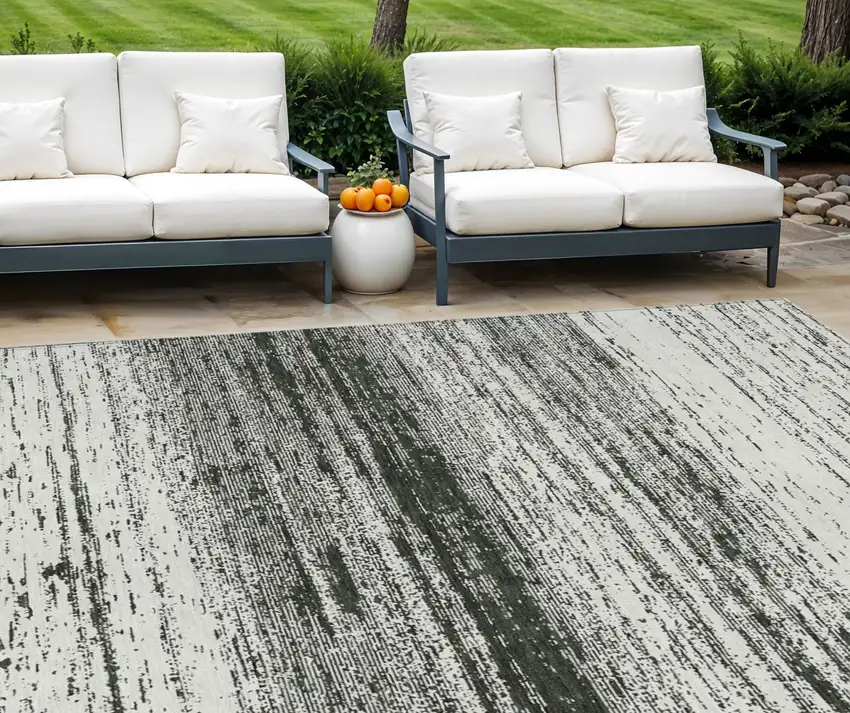 Black Ivory And Gray Striped Washable Indoor Outdoor Area Rug Photo 1
