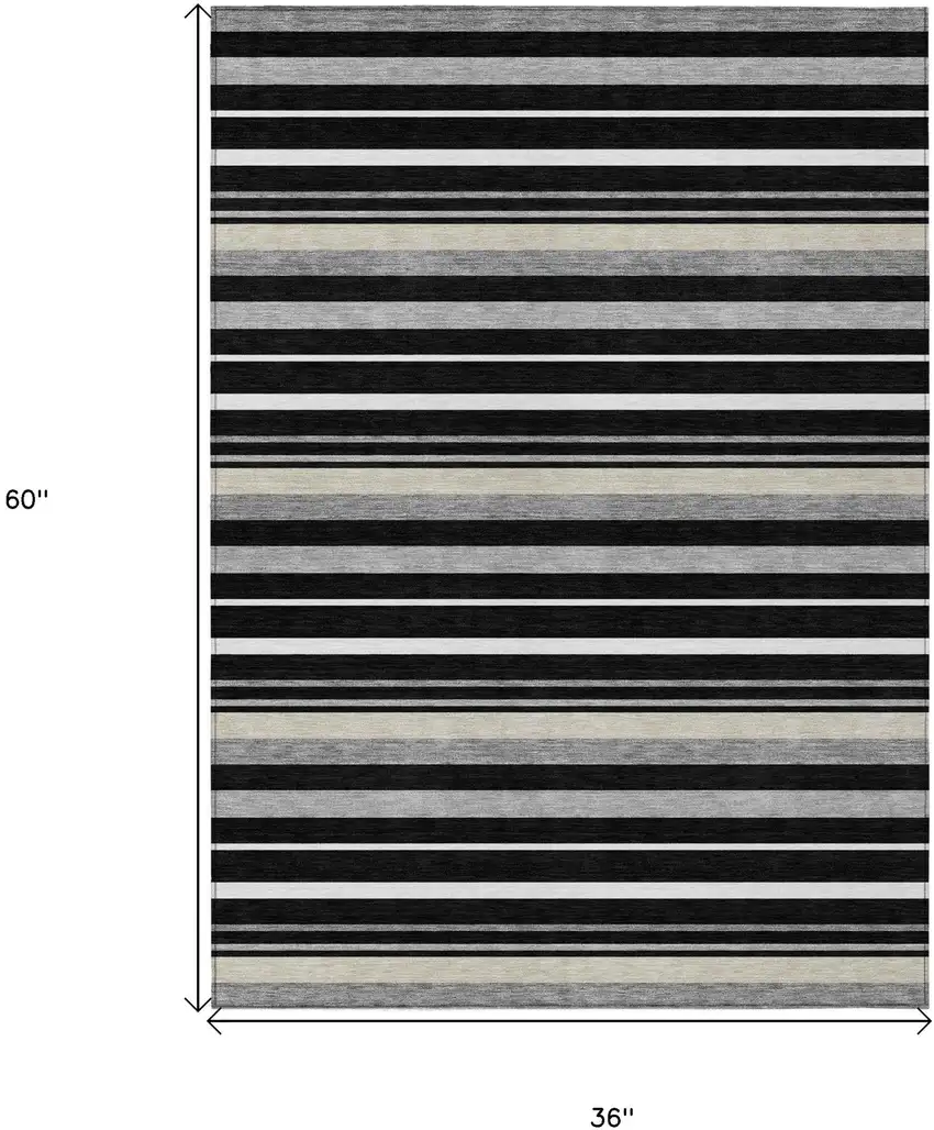 Black Ivory And Gray Striped Washable Indoor Outdoor Area Rug Photo 3