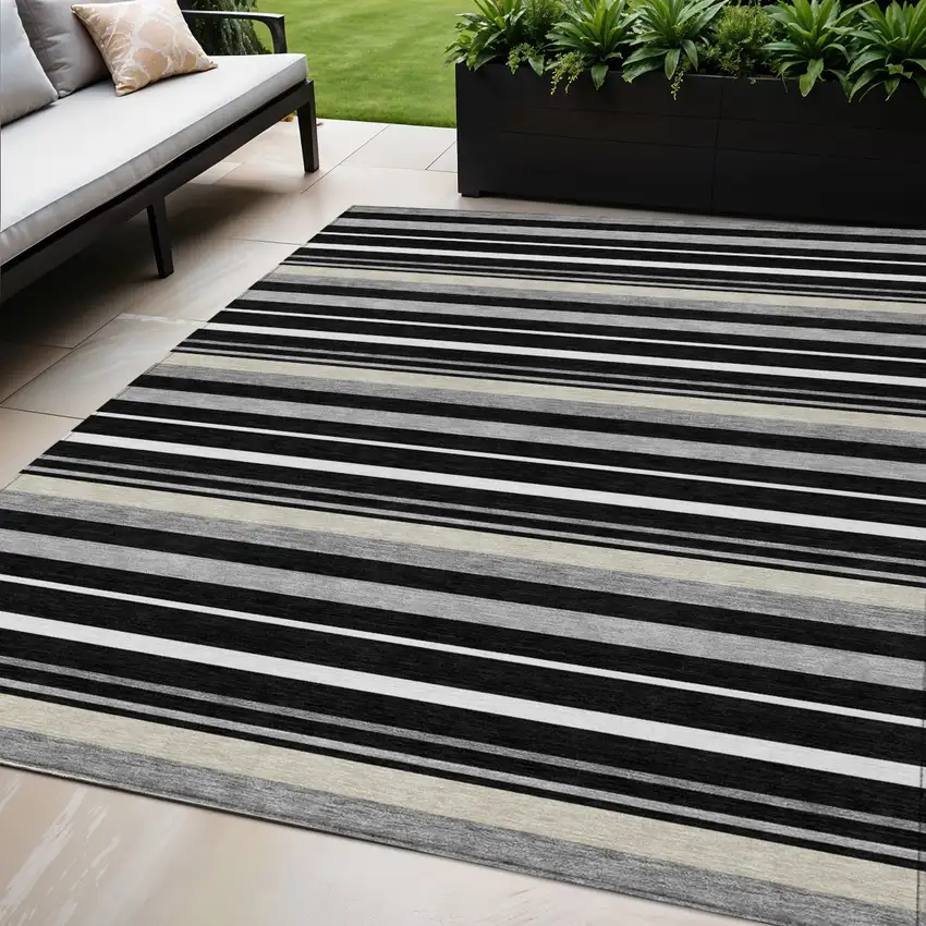 Black Ivory And Gray Striped Washable Indoor Outdoor Area Rug Photo 1