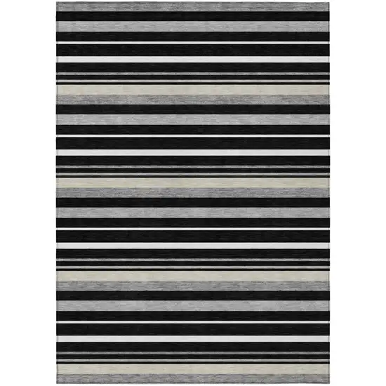 Black Ivory And Gray Striped Washable Indoor Outdoor Area Rug Photo 2