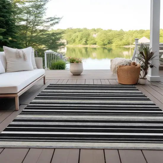 Black Ivory And Gray Striped Washable Indoor Outdoor Area Rug Photo 8