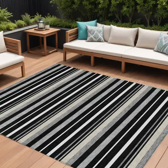 Black Ivory And Gray Striped Washable Indoor Outdoor Area Rug Photo 1