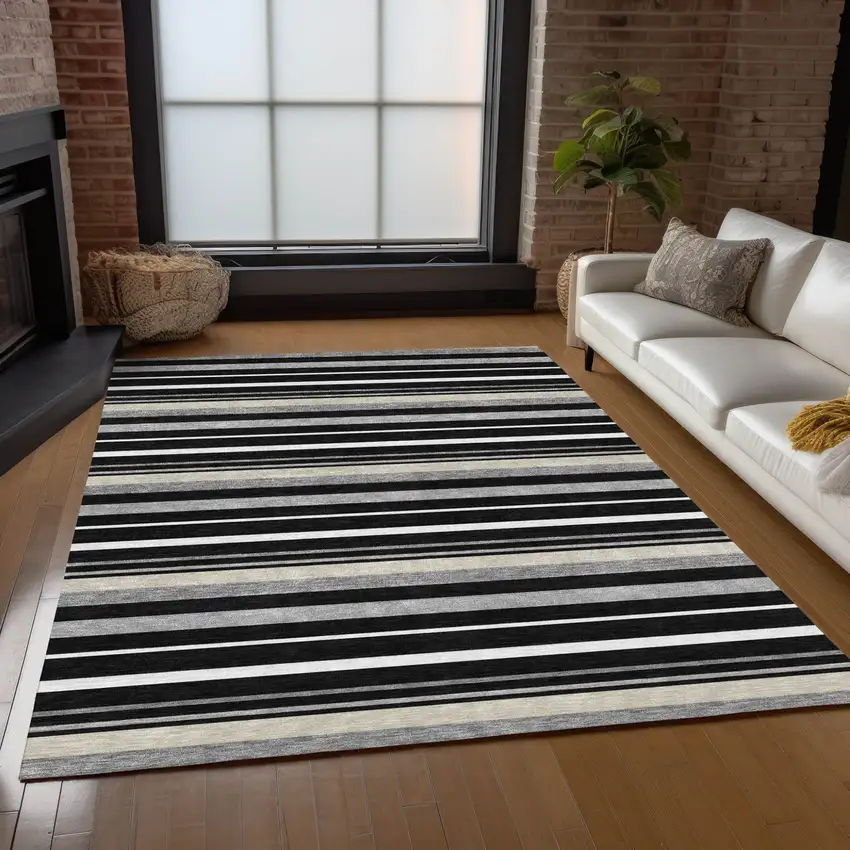 Black Ivory And Gray Striped Washable Indoor Outdoor Area Rug Photo 9