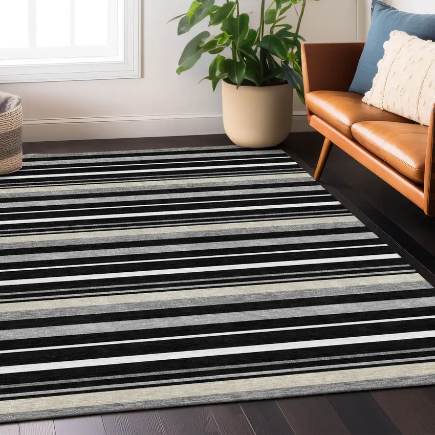 Black Ivory And Gray Striped Washable Indoor Outdoor Area Rug Photo 9
