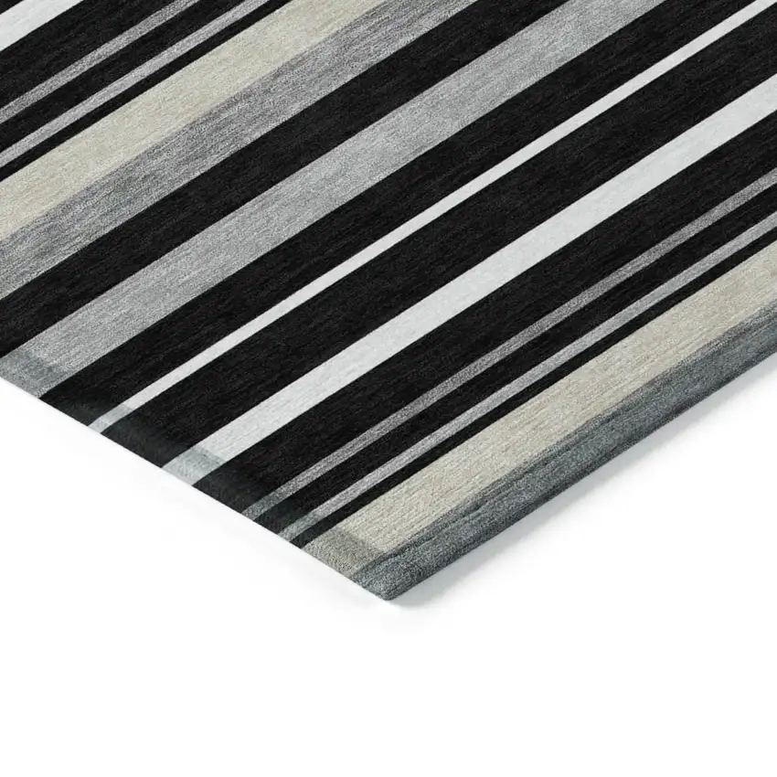 Black Ivory And Gray Striped Washable Indoor Outdoor Area Rug Photo 5