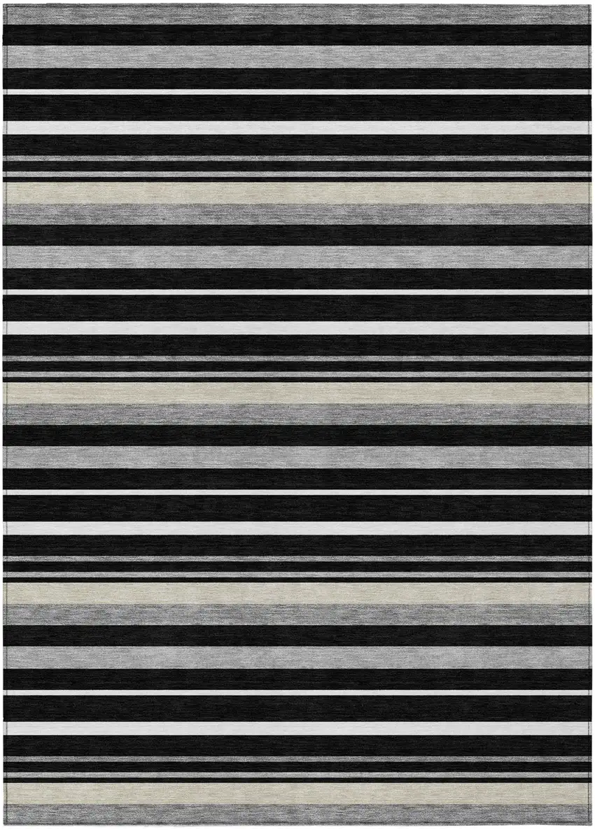 Black Ivory And Gray Striped Washable Indoor Outdoor Area Rug Photo 2