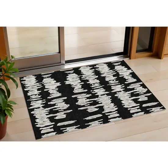 Black Ivory And Gray Striped Washable Indoor Outdoor Area Rug Photo 1