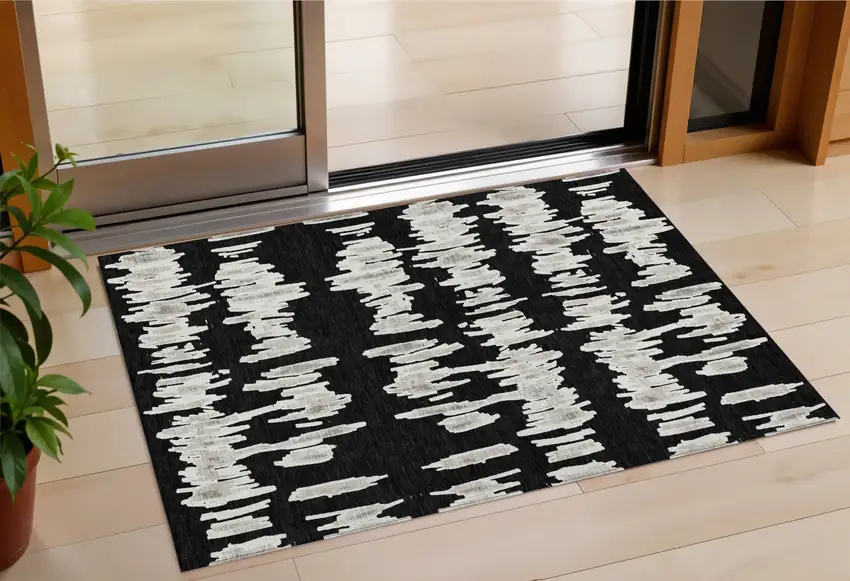Black Ivory And Gray Striped Washable Indoor Outdoor Area Rug Photo 1