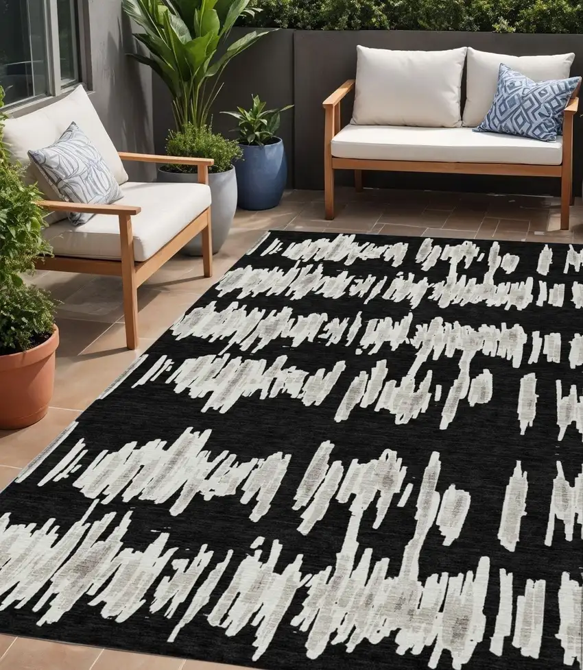 Black Ivory And Gray Striped Washable Indoor Outdoor Area Rug Photo 1