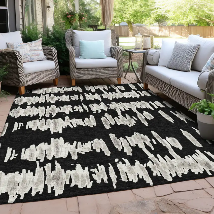 Black Ivory And Gray Striped Washable Indoor Outdoor Area Rug Photo 9