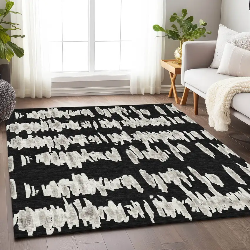 Black Ivory And Gray Striped Washable Indoor Outdoor Area Rug Photo 9