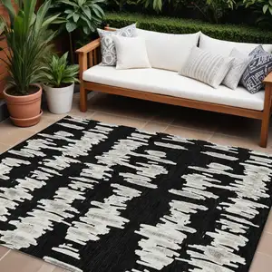 Photo of Black Ivory And Gray Striped Washable Indoor Outdoor Area Rug