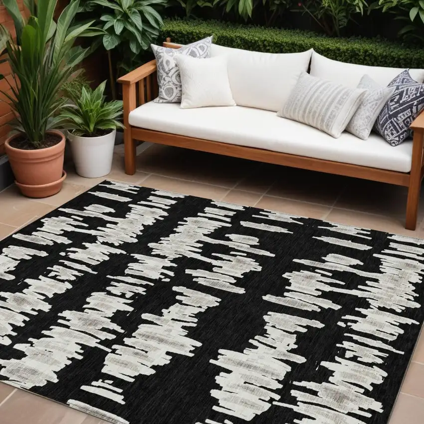 Black Ivory And Gray Striped Washable Indoor Outdoor Area Rug Photo 1