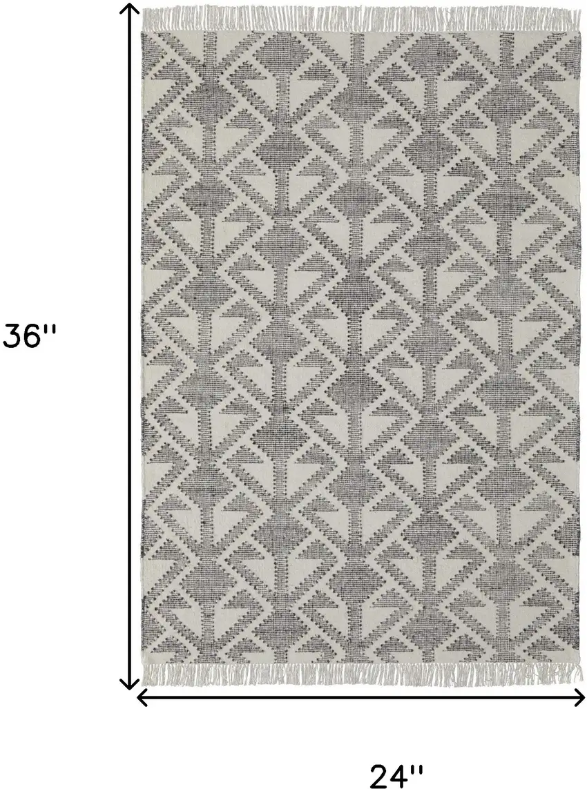 Black Ivory And Gray Wool Geometric Dhurrie Flatweave Handmade Area Rug With Fringe Photo 4