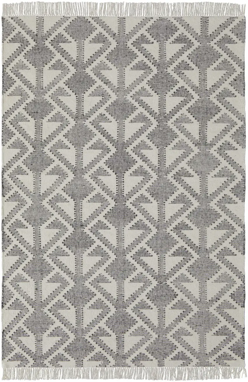 Black Ivory And Gray Wool Geometric Dhurrie Flatweave Handmade Area Rug With Fringe Photo 1