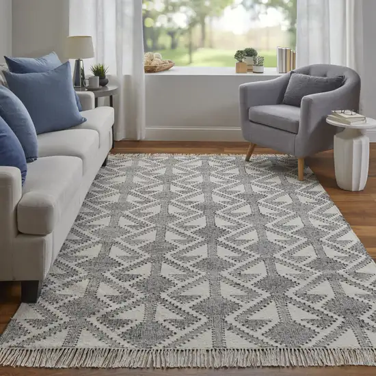 Black Ivory And Gray Wool Geometric Dhurrie Flatweave Handmade Area Rug With Fringe Photo 2