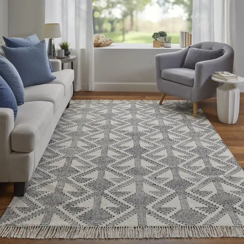 Black Ivory And Gray Wool Geometric Dhurrie Flatweave Handmade Area Rug With Fringe Photo 2