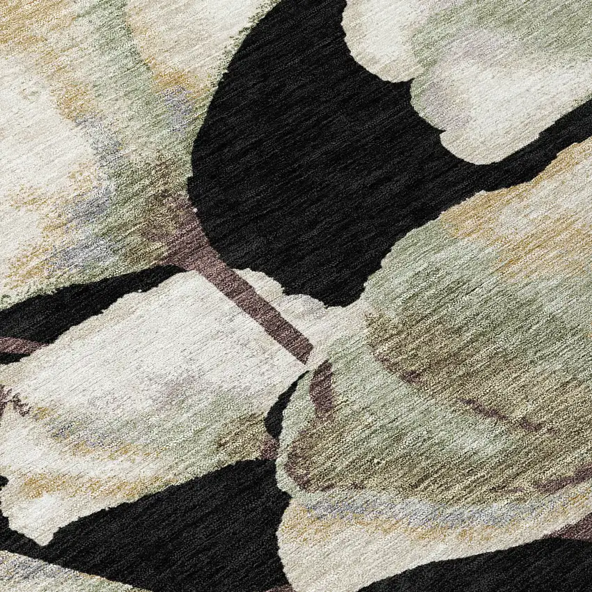 Black Ivory And Green Botanical Leaves Washable Indoor Outdoor Area Rug Photo 1