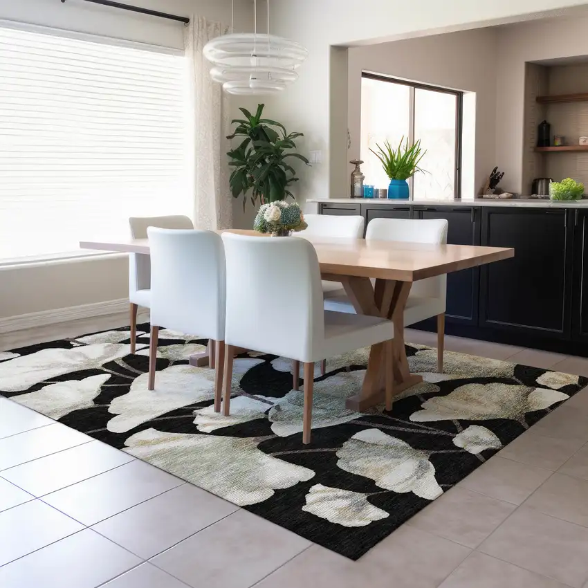 Black Ivory And Green Botanical Leaves Washable Indoor Outdoor Area Rug Photo 5