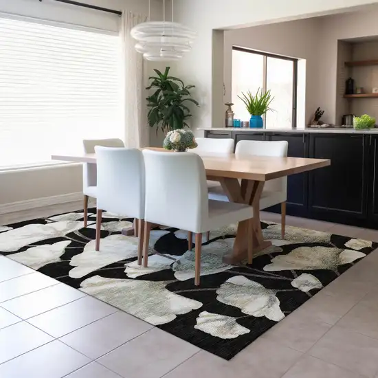 Black Ivory And Green Botanical Leaves Washable Indoor Outdoor Area Rug Photo 5