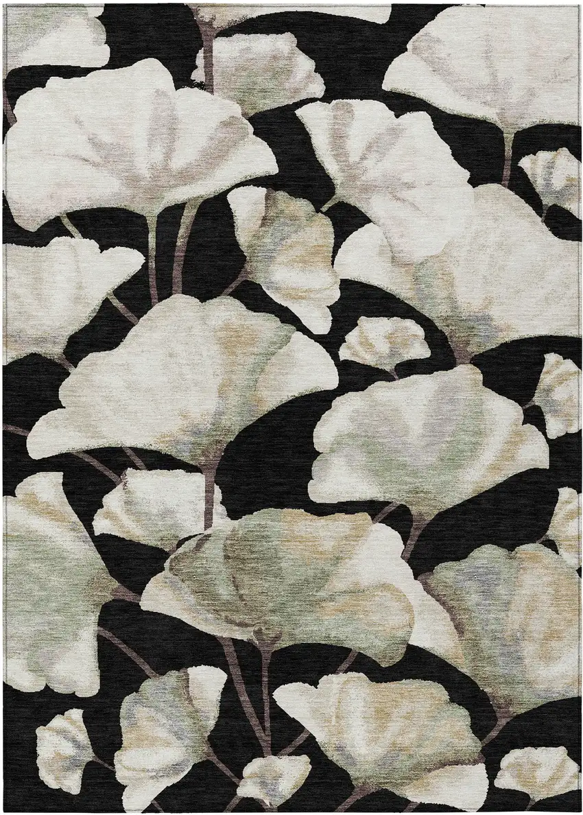 Black Ivory And Green Botanical Leaves Washable Indoor Outdoor Area Rug Photo 8